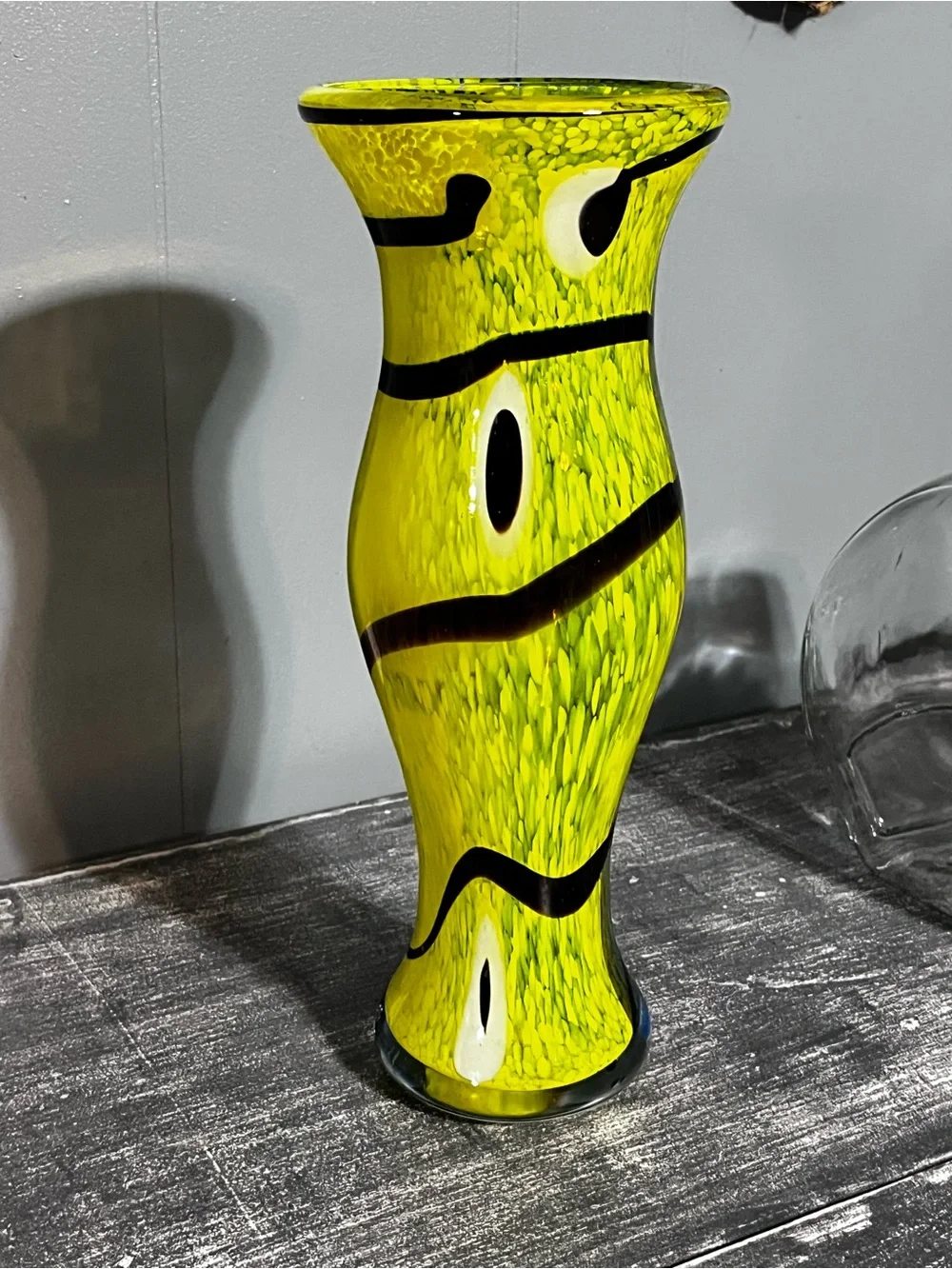 Murano Green with Black and White Eye Motif Art Glass Vase
